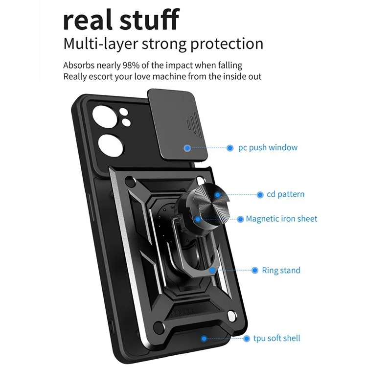For Oppo Reno7 5G (Global) Protective Case Ring Magnetic Kickstand PC + TPU Dual Layer Shock Absorption Phone Protector with Camera Anti-Scratch Slide Cover - Black-Cellmalls