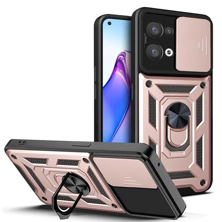 For Oppo Reno8 5G (Global Version) Ring Kickstand PC+TPU Hybrid Cover Slide Lid Camera Protection Drop-proof Phone Case - Black-Cellmalls