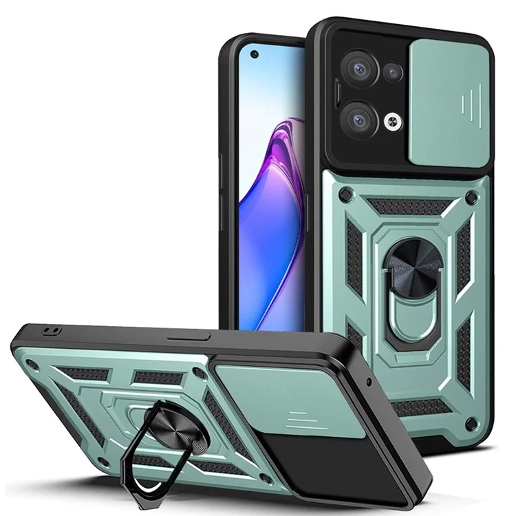 For Oppo Reno8 5G (Global Version) Ring Kickstand PC+TPU Hybrid Cover Slide Lid Camera Protection Drop-proof Phone Case - Black-Cellmalls
