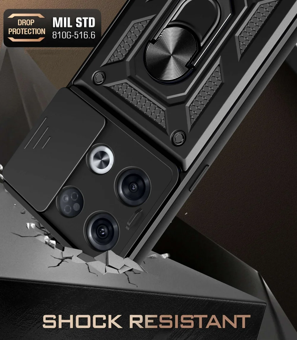 For Oppo Reno8 Pro 5G (Global Version) Ring Kickstand PC + TPU Cover Anti-drop Phone Case with Slide Camera Protector - Black-Cellmalls