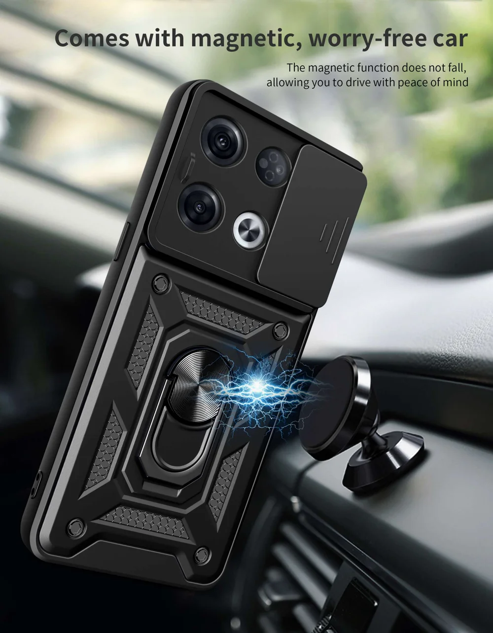 For Oppo Reno8 Pro 5G (Global Version) Ring Kickstand PC + TPU Cover Anti-drop Phone Case with Slide Camera Protector - Black-Cellmalls