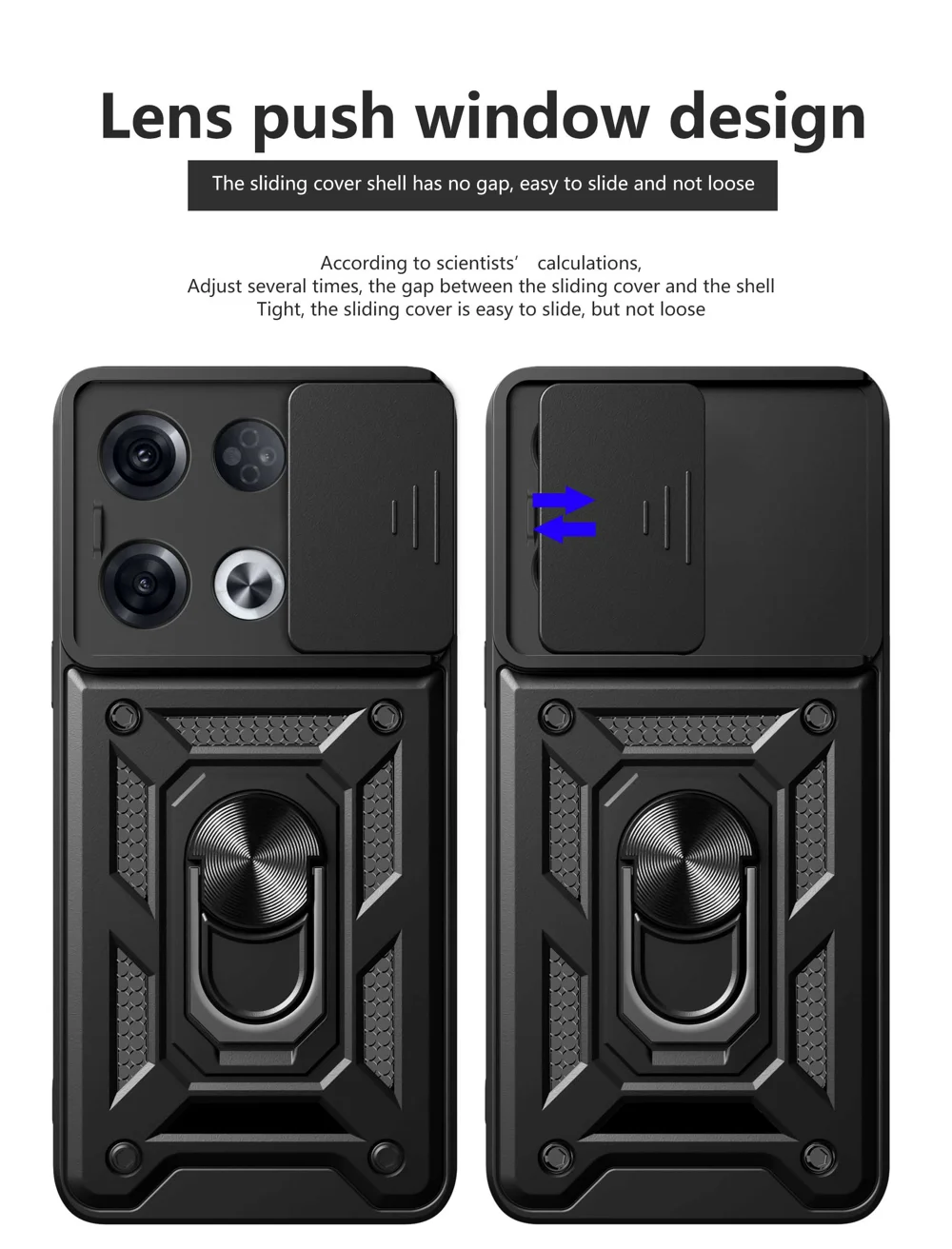 For Oppo Reno8 Pro 5G (Global Version) Ring Kickstand PC + TPU Cover Anti-drop Phone Case with Slide Camera Protector - Black-Cellmalls
