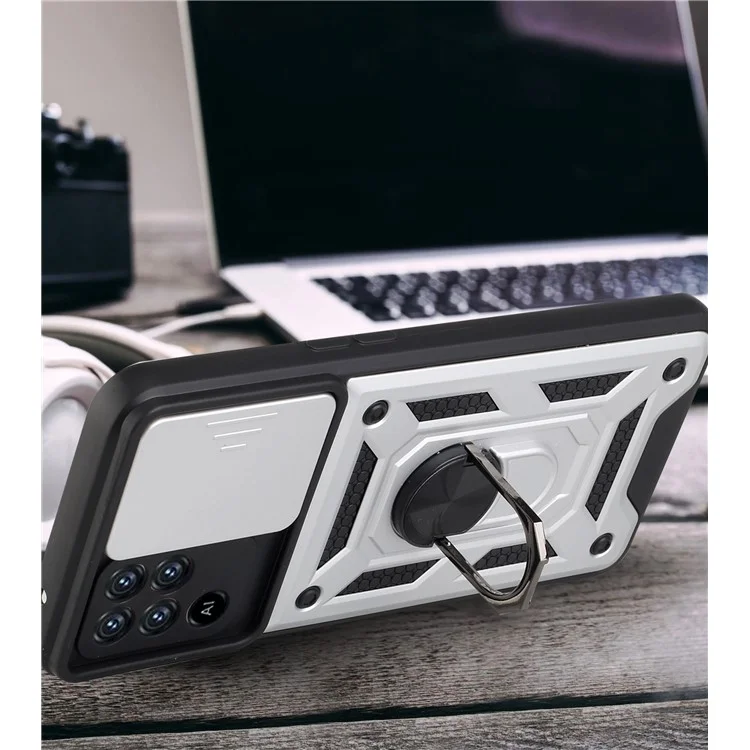 Camera Slide Phone Case with Kickstand Ring Holder for Oppo A94 4G / F19 Pro / Reno5 F - Silver-Cellmalls