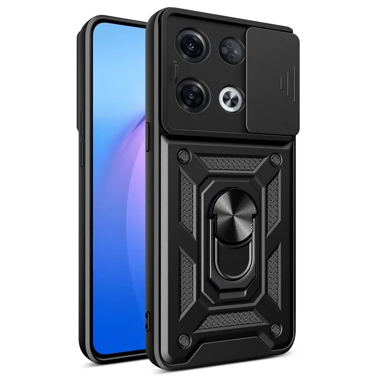 For Oppo Reno8 Pro 5G (Global Version) Ring Kickstand PC + TPU Cover Anti-drop Phone Case with Slide Camera Protector - Black-Cellmalls