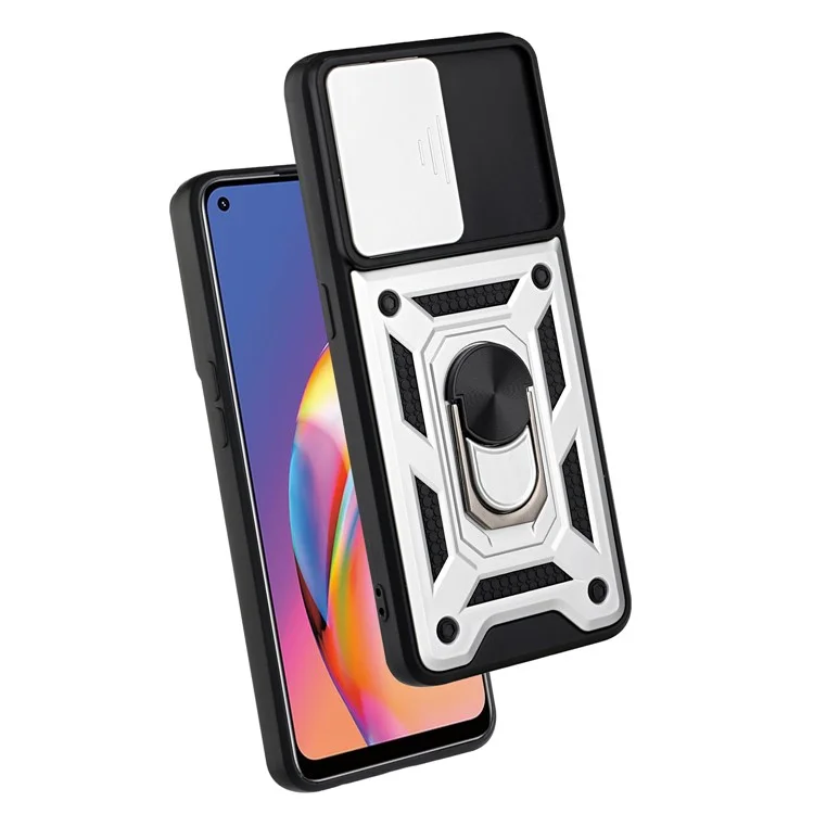 Camera Slide Phone Case with Kickstand Ring Holder for Oppo A94 4G / F19 Pro / Reno5 F - Silver-Cellmalls
