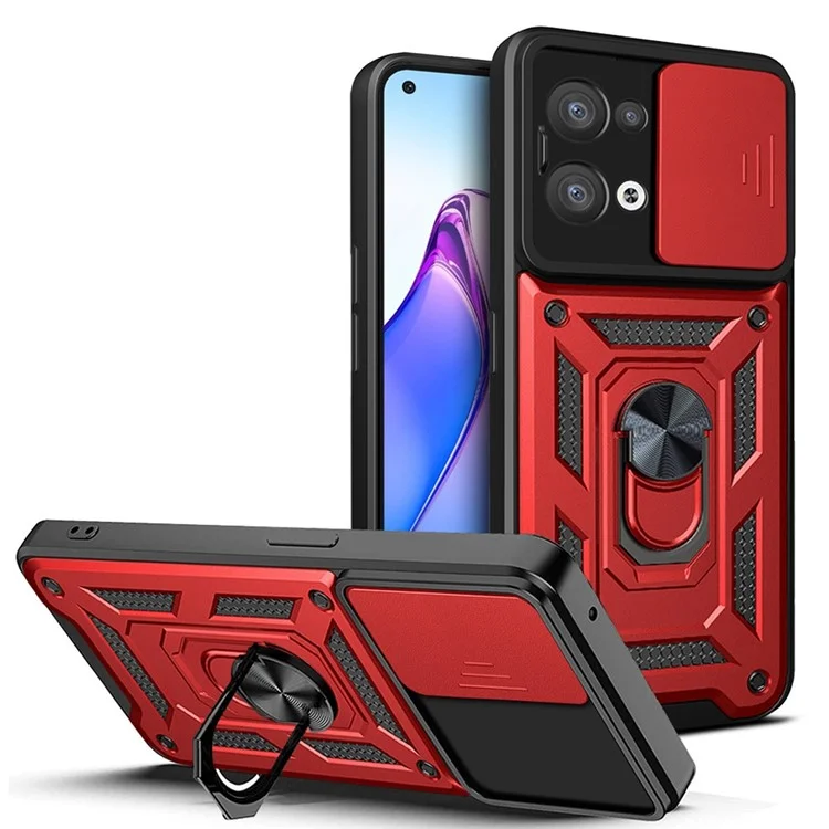 For Oppo Reno8 5G (Global Version) Ring Kickstand PC+TPU Hybrid Cover Slide Lid Camera Protection Drop-proof Phone Case - Black-Cellmalls