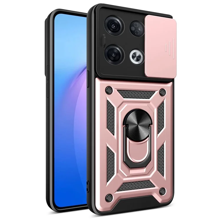 For Oppo Reno8 Pro 5G (Global Version) Ring Kickstand PC + TPU Cover Anti-drop Phone Case with Slide Camera Protector - Black-Cellmalls