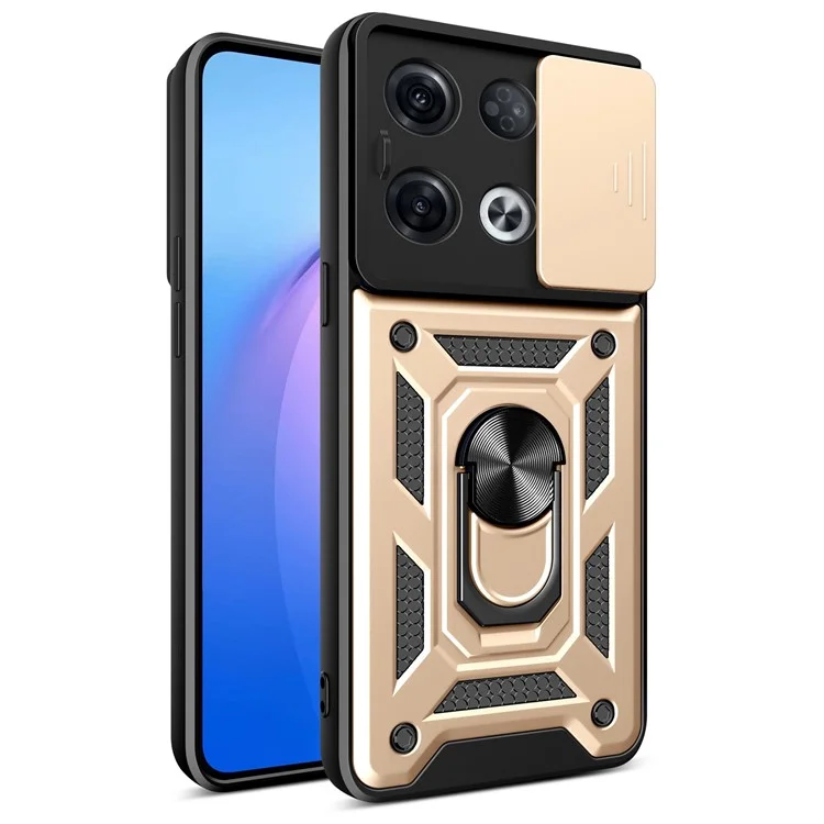 For Oppo Reno8 Pro 5G (Global Version) Ring Kickstand PC + TPU Cover Anti-drop Phone Case with Slide Camera Protector - Black-Cellmalls