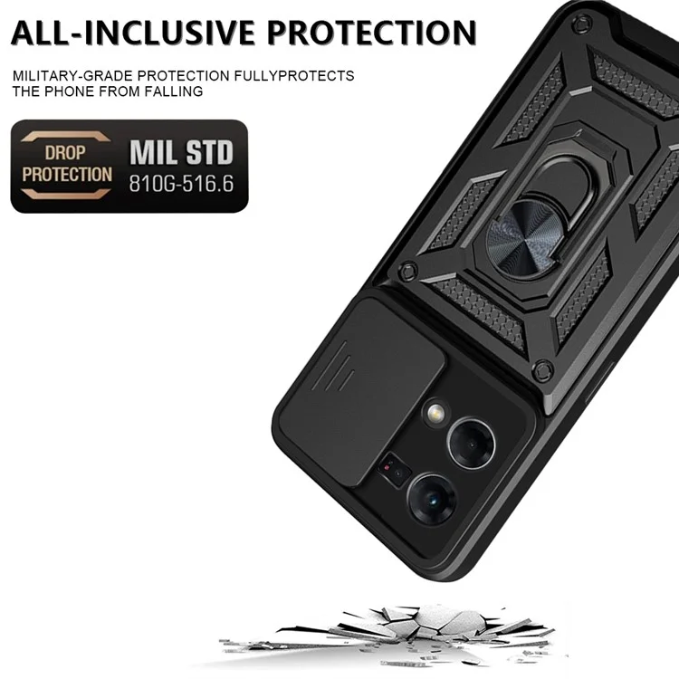 For Oppo Reno7 4G Anti-scratch Phone Cover Slide Camera Protection PC + TPU Ring Kickstand Cell Phone Case - Black-Cellmalls