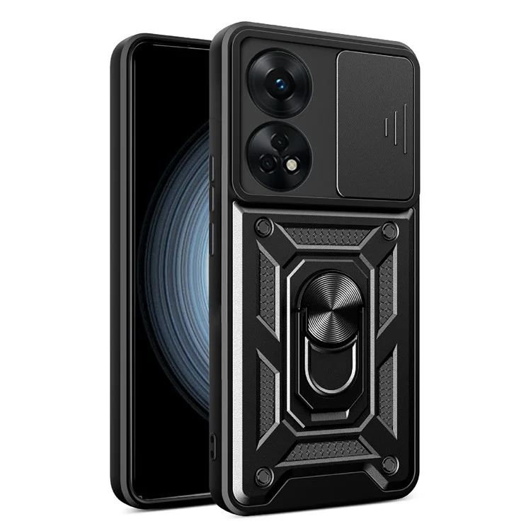 For Oppo Reno8 T 4G Anti-drop Cell Phone Cover Kickstand with Slide Camera Lens Cover - Black-Cellmalls