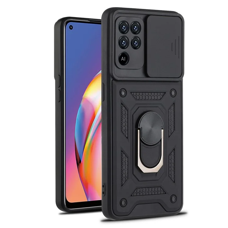 Camera Slide Phone Case with Kickstand Ring Holder for Oppo A94 4G / F19 Pro / Reno5 F - Silver-Cellmalls
