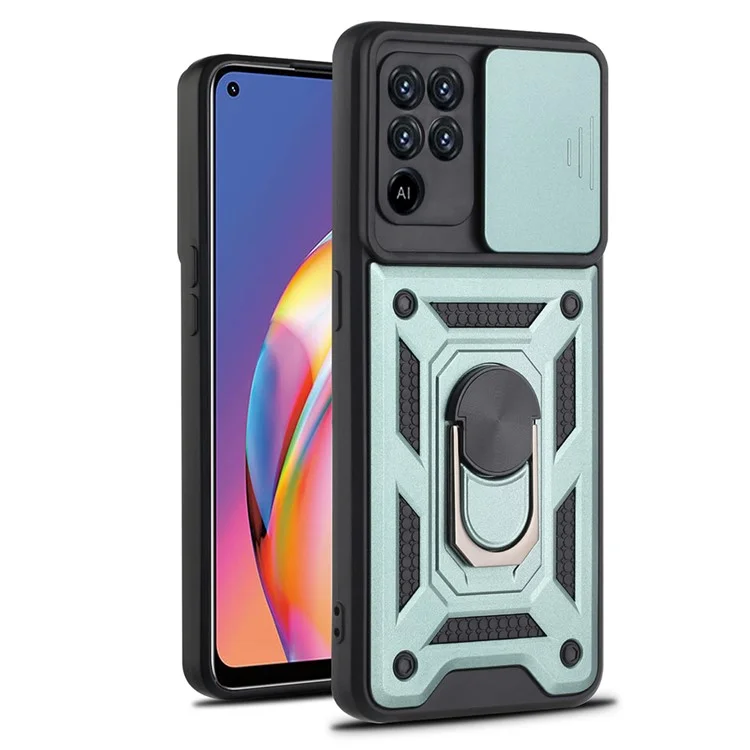 Camera Slide Phone Case with Kickstand Ring Holder for Oppo A94 4G / F19 Pro / Reno5 F - Silver-Cellmalls
