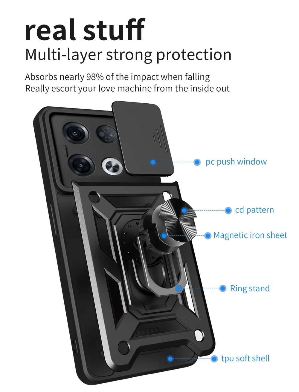 For Oppo Reno8 Pro 5G (Global Version) Ring Kickstand PC + TPU Cover Anti-drop Phone Case with Slide Camera Protector - Black-Cellmalls