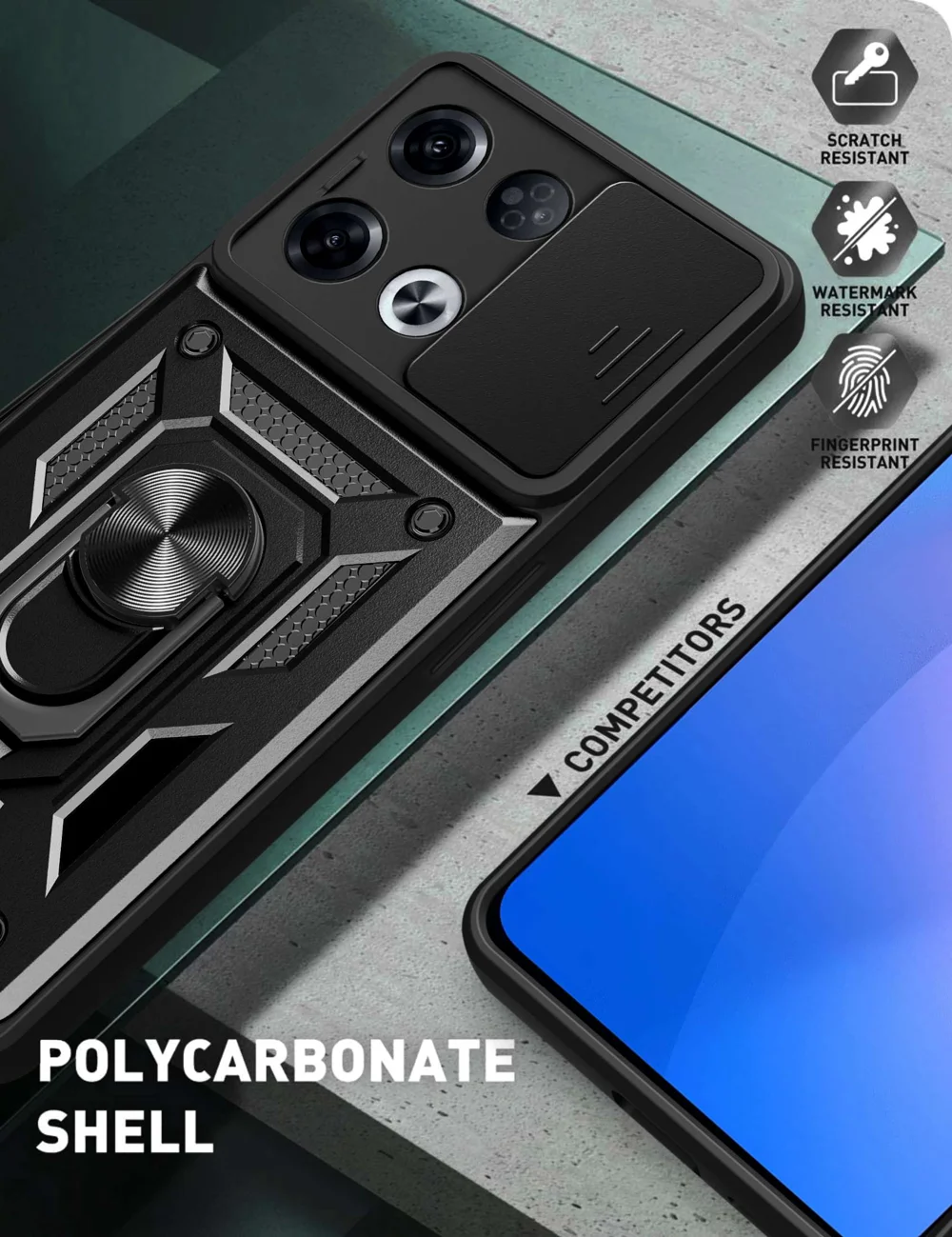 For Oppo Reno8 Pro 5G (Global Version) Ring Kickstand PC + TPU Cover Anti-drop Phone Case with Slide Camera Protector - Black-Cellmalls