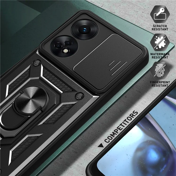 For Oppo Reno8 T 4G Anti-drop Cell Phone Cover Kickstand with Slide Camera Lens Cover - Black-Cellmalls