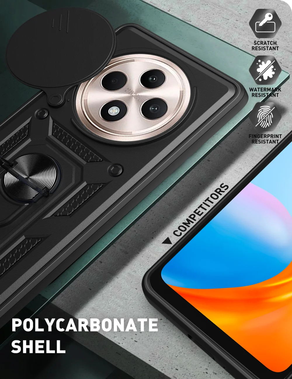 For Oppo Reno12 F 5G Case with Slide Camera Lid PC+TPU Kickstand Phone Cover - Black-Cellmalls