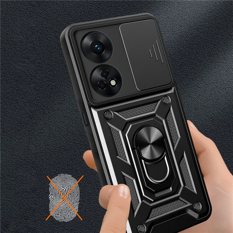 For Oppo Reno8 T 4G Anti-drop Cell Phone Cover Kickstand with Slide Camera Lens Cover - Black-Cellmalls