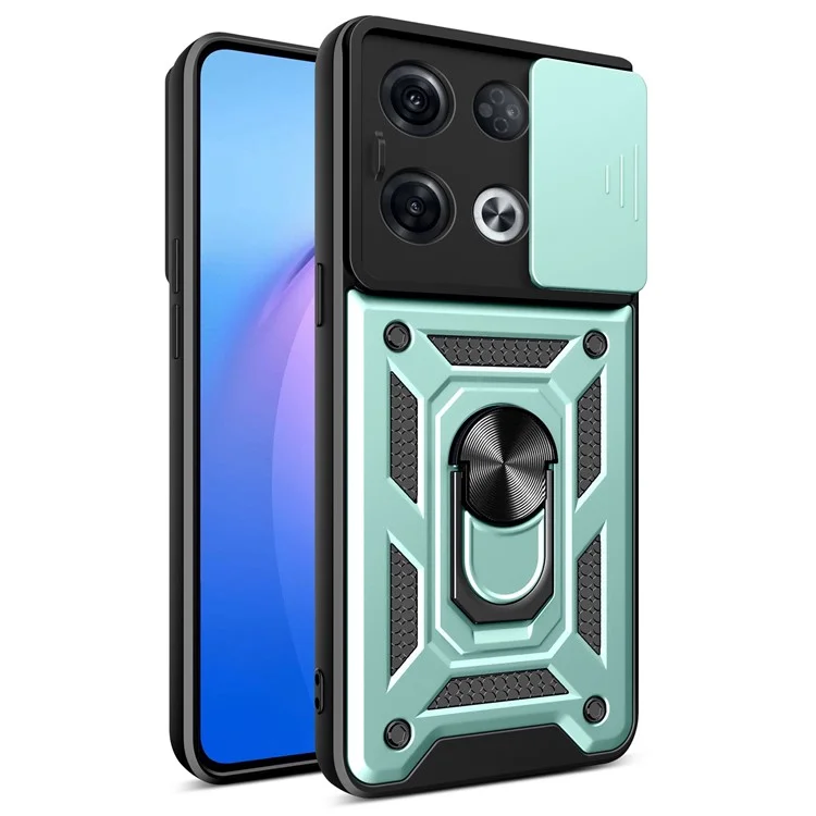 For Oppo Reno8 Pro 5G (Global Version) Ring Kickstand PC + TPU Cover Anti-drop Phone Case with Slide Camera Protector - Black-Cellmalls