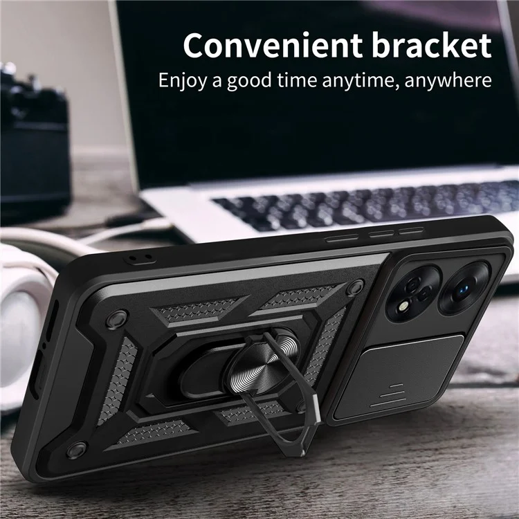 For Oppo Reno8 T 4G Anti-drop Cell Phone Cover Kickstand with Slide Camera Lens Cover - Black-Cellmalls