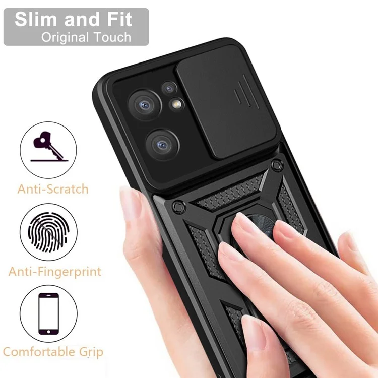 For Oppo Reno7 5G (Global) Protective Case Ring Magnetic Kickstand PC + TPU Dual Layer Shock Absorption Phone Protector with Camera Anti-Scratch Slide Cover - Black-Cellmalls
