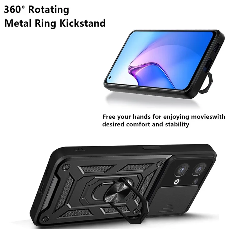 For Oppo Reno8 5G (Global Version) Ring Kickstand PC+TPU Hybrid Cover Slide Lid Camera Protection Drop-proof Phone Case - Black-Cellmalls