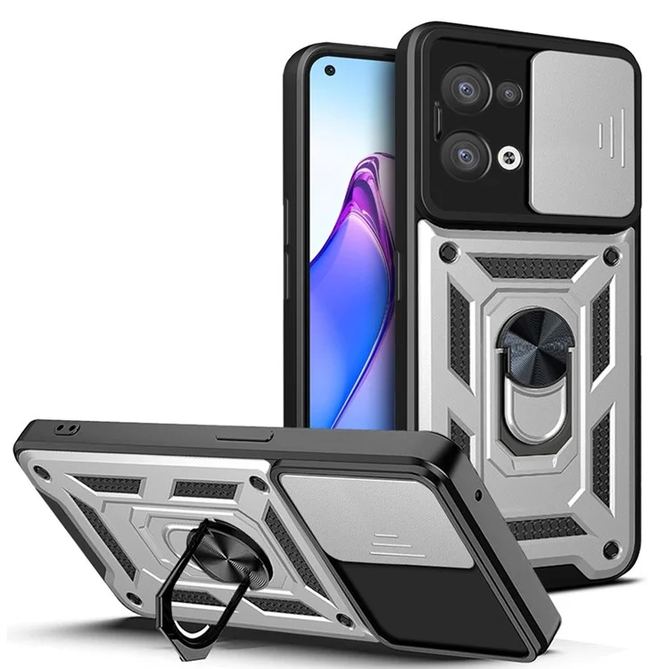For Oppo Reno8 5G (Global Version) Ring Kickstand PC+TPU Hybrid Cover Slide Lid Camera Protection Drop-proof Phone Case - Black-Cellmalls