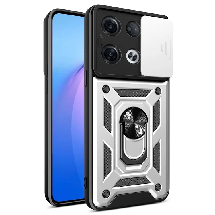 For Oppo Reno8 Pro 5G (Global Version) Ring Kickstand PC + TPU Cover Anti-drop Phone Case with Slide Camera Protector - Black-Cellmalls