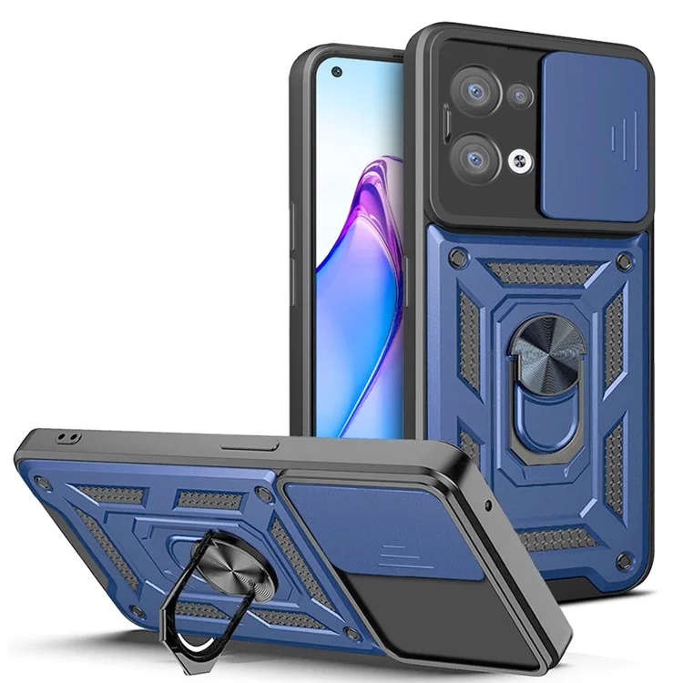 For Oppo Reno8 5G (Global Version) Ring Kickstand PC+TPU Hybrid Cover Slide Lid Camera Protection Drop-proof Phone Case - Black-Cellmalls