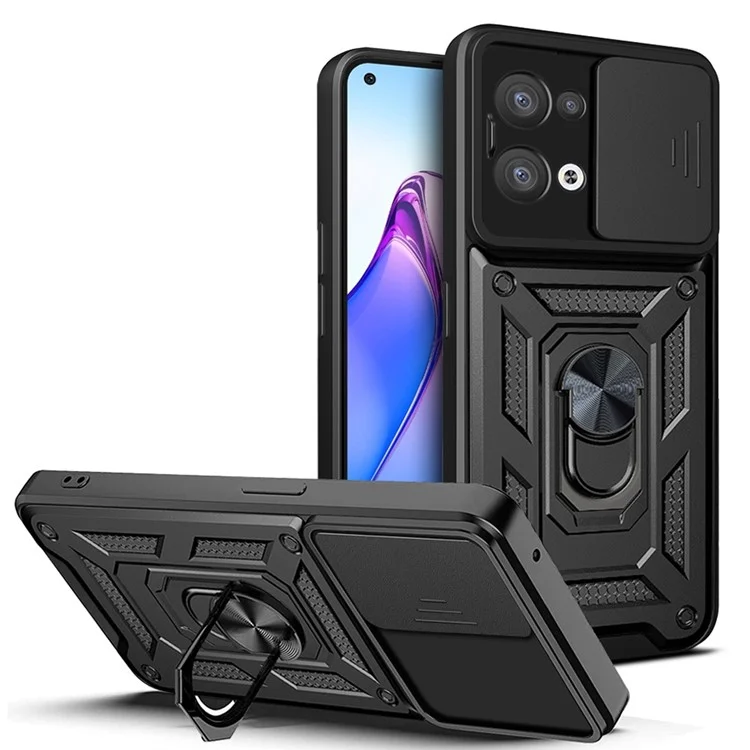 For Oppo Reno8 5G (Global Version) Ring Kickstand PC+TPU Hybrid Cover Slide Lid Camera Protection Drop-proof Phone Case - Black-Cellmalls