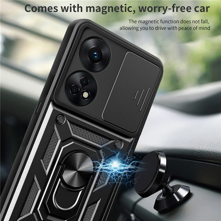 For Oppo Reno8 T 4G Anti-drop Cell Phone Cover Kickstand with Slide Camera Lens Cover - Black-Cellmalls