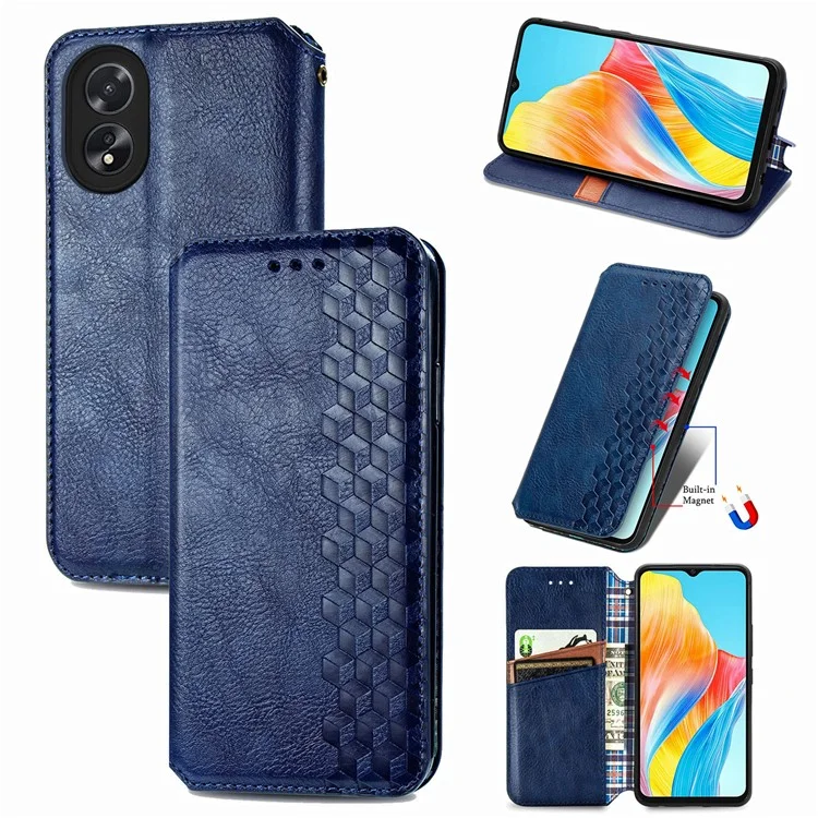 For Oppo A38 4G / A18 4G PU Leather Case Rhombus Imprint Wallet Stand Phone Cover - Blue-Cellmalls