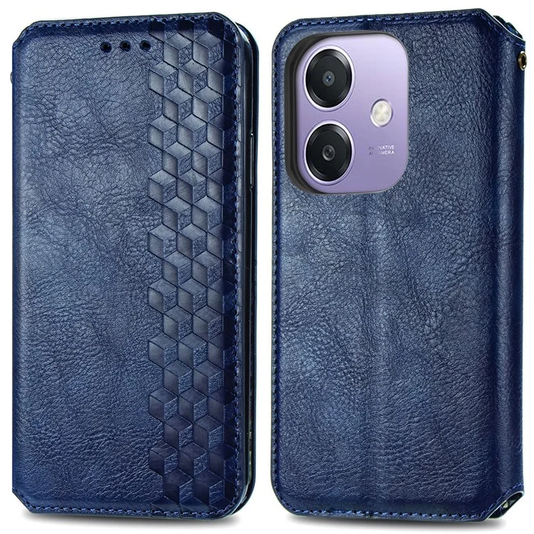 For Oppo A3x 4G / 5G Case Rhombus Imprint PU Leather Wallet Phone Cover - Blue-Cellmalls