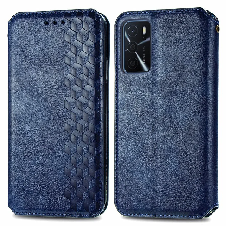 For Oppo A16s / A16 / A54s PU Leather Case Rhombus Imprint Wallet Stand Phone Cover - Blue-Cellmalls