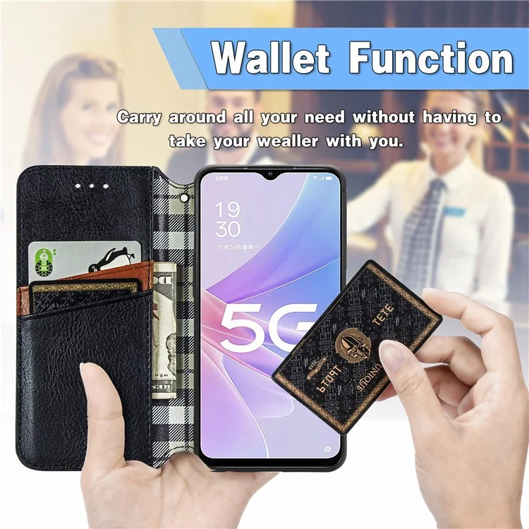 For Oppo A78 4G PU Leather Case Rhombus Imprint Wallet Stand Phone Cover - Black-Cellmalls