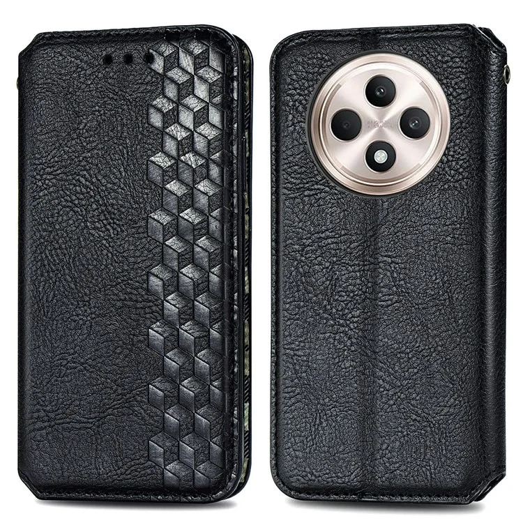 For Oppo Reno12 F 5G PU Leather Case Rhombus Imprint Wallet Stand Phone Cover - Black-Cellmalls