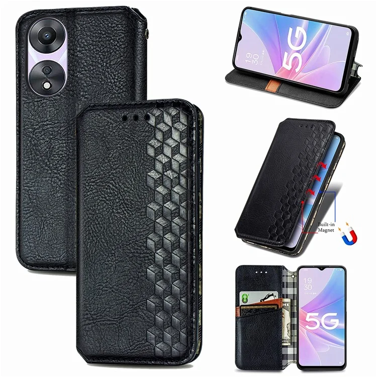 For Oppo A78 4G PU Leather Case Rhombus Imprint Wallet Stand Phone Cover - Black-Cellmalls