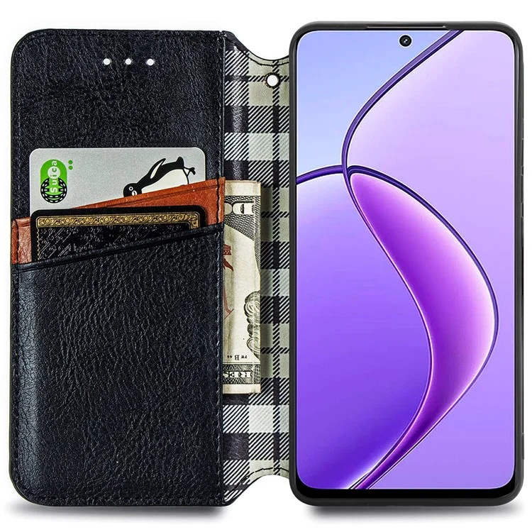 For Oppo F27 5G Case Rhombus Imprint PU Leather Wallet Phone Cover - Black-Cellmalls