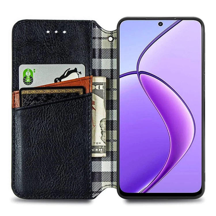 For Oppo Reno12 F 5G PU Leather Case Rhombus Imprint Wallet Stand Phone Cover - Black-Cellmalls