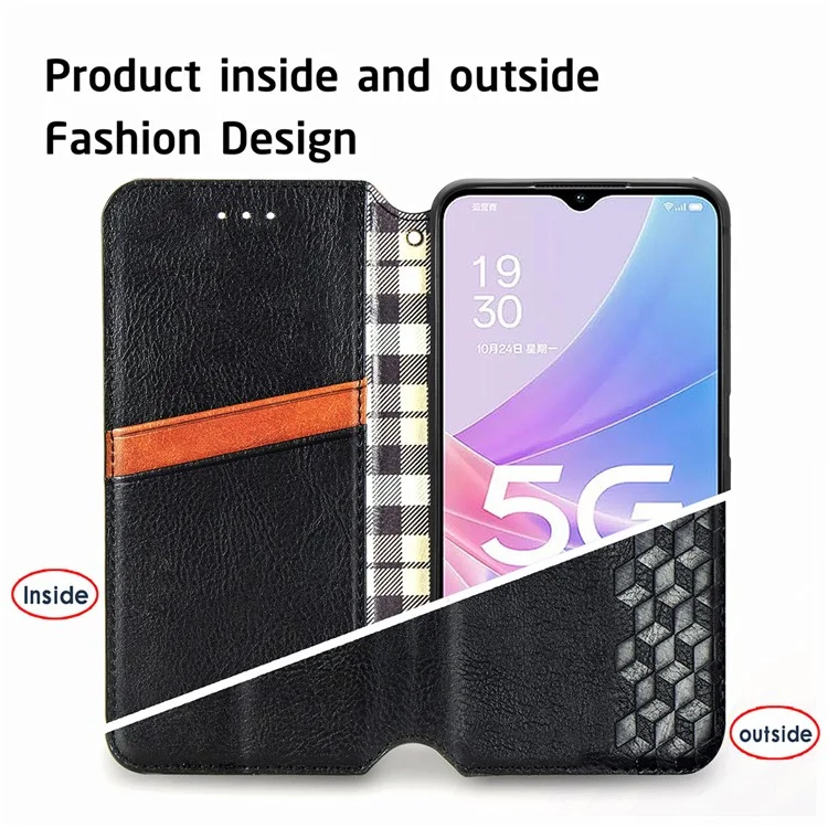 For Oppo A78 4G PU Leather Case Rhombus Imprint Wallet Stand Phone Cover - Black-Cellmalls