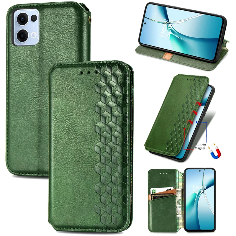 For Oppo Reno13 5G (Global) Case Rhombus Imprint PU Leather Wallet Phone Cover - Green-Cellmalls