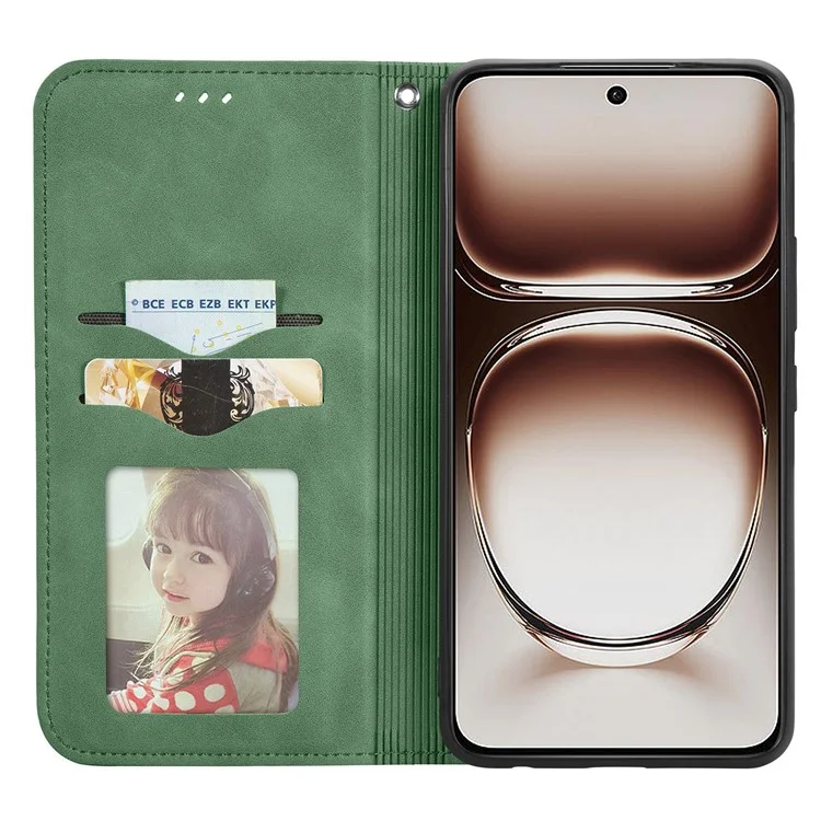 For Oppo Reno12 5G (Global) Case Skin Touch Feeling Leather Card Holder Phone Cover Magnetic Absorption - Green-Cellmalls
