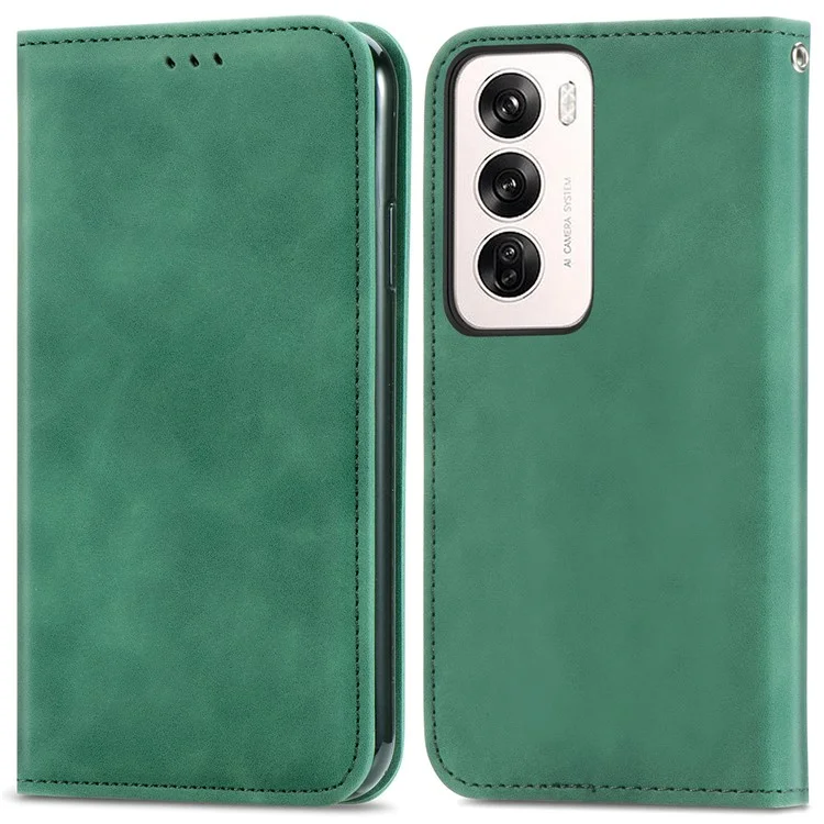 For Oppo Reno12 5G (Global) Case Skin Touch Feeling Leather Card Holder Phone Cover Magnetic Absorption - Green-Cellmalls