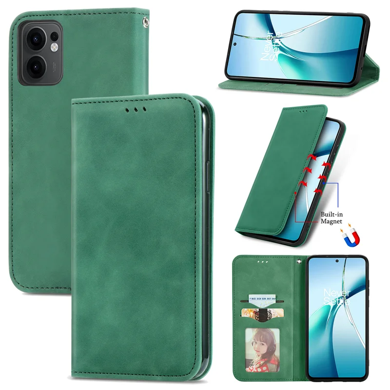 For Oppo Reno13 F 5G Leather Case with Card Holder Magnetic Absorption Phone Cover - Green-Cellmalls