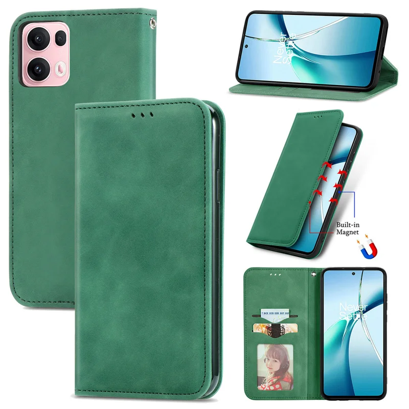 For Oppo Reno13 Pro 5G Leather Case with Card Holder Magnetic Absorption Phone Cover - Green-Cellmalls