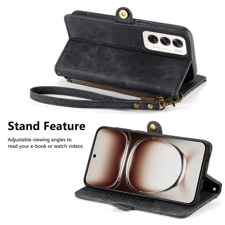 For Oppo Reno12 5G (Global) Zipper Wallet Case Geometry Lines Leather Phone Cover with Strap - Black-Cellmalls