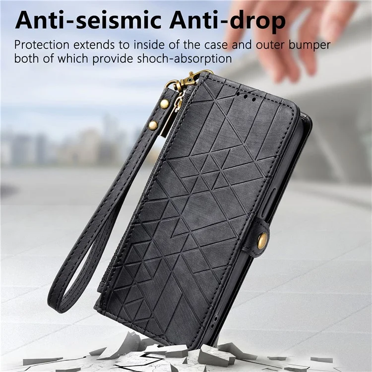 For Oppo Reno12 5G (Global) Zipper Wallet Case Geometry Lines Leather Phone Cover with Strap - Black-Cellmalls
