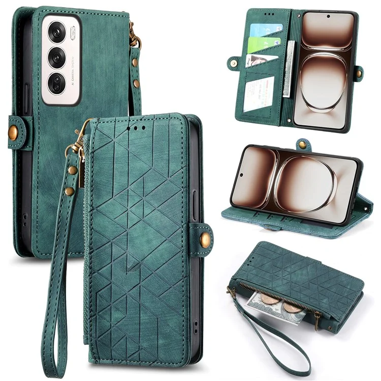 For Oppo Reno12 5G (Global) Zipper Wallet Case Geometry Lines Leather Phone Cover with Strap - Black-Cellmalls