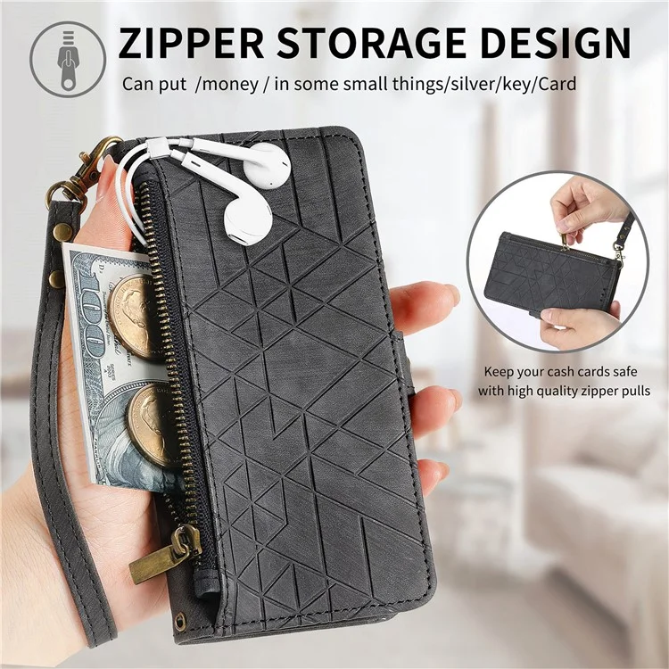 For Oppo Reno12 5G (Global) Zipper Wallet Case Geometry Lines Leather Phone Cover with Strap - Black-Cellmalls