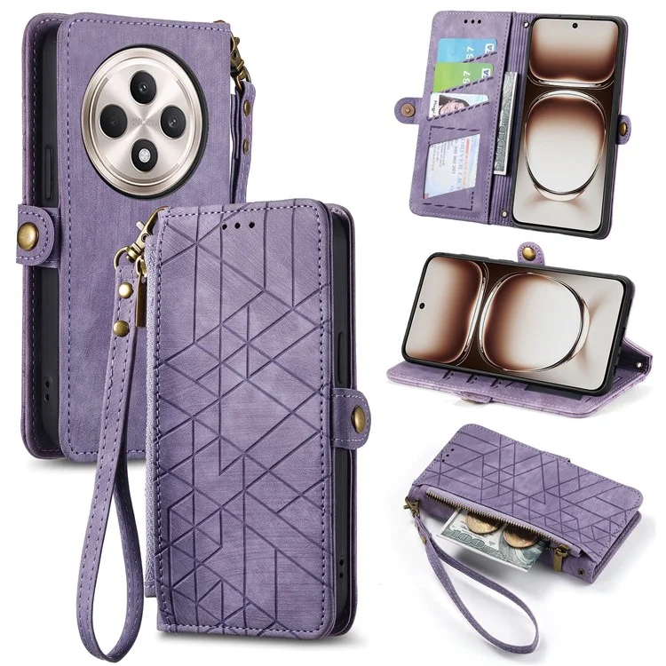 For Oppo Reno12 F 5G Zipper Wallet Case Geometry Lines Leather Phone Cover with Strap - Black-Cellmalls