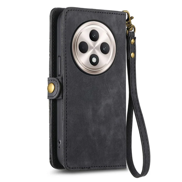 For Oppo Reno12 F 5G Zipper Wallet Case Geometry Lines Leather Phone Cover with Strap - Black-Cellmalls